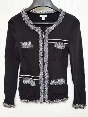 Cache Black Fringe Trim Zip Front Knit Blazer Jacket Women’s Small Career Chic